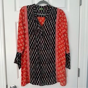Tolani Red Black Floral Geometric Tunic Henley Blouse Silk Boho Flowy Sz Small
